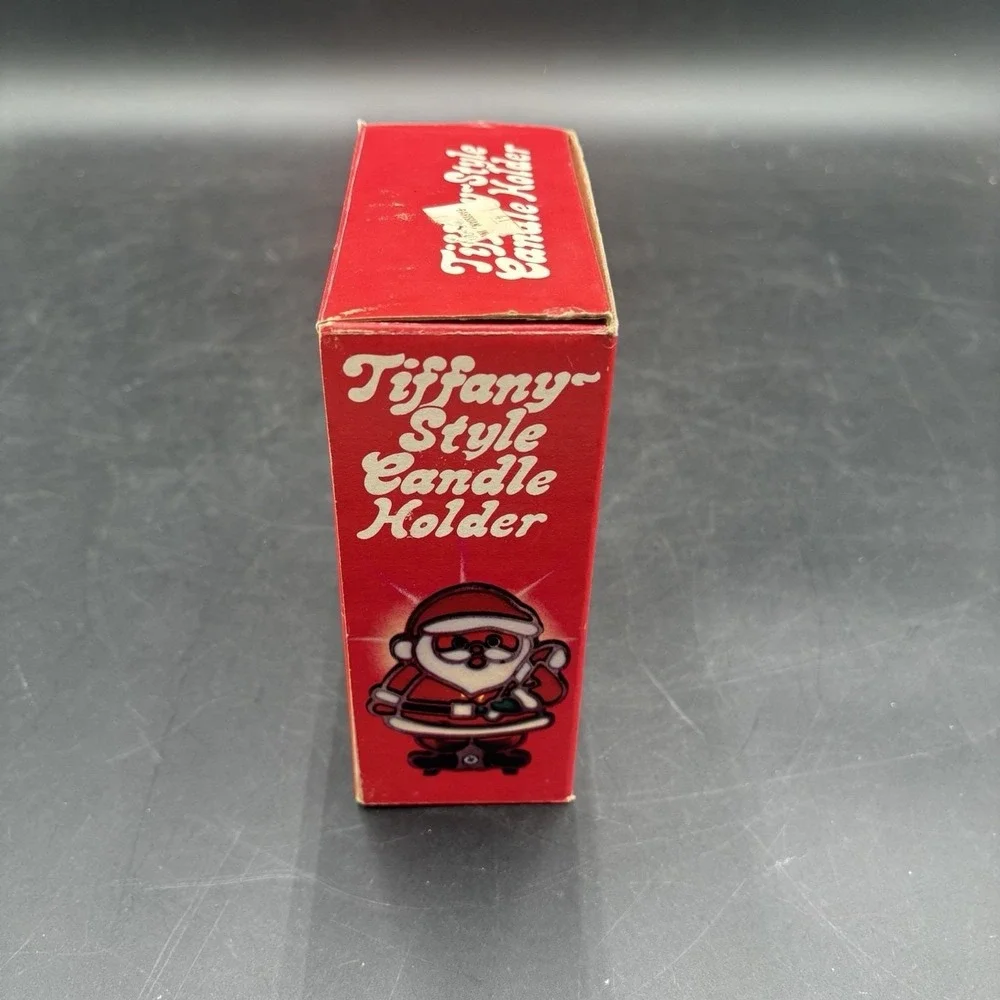 Vtg Tiffany-Style Glo Candle Smile Santa Claus Christmas Tealight Candle Holder
